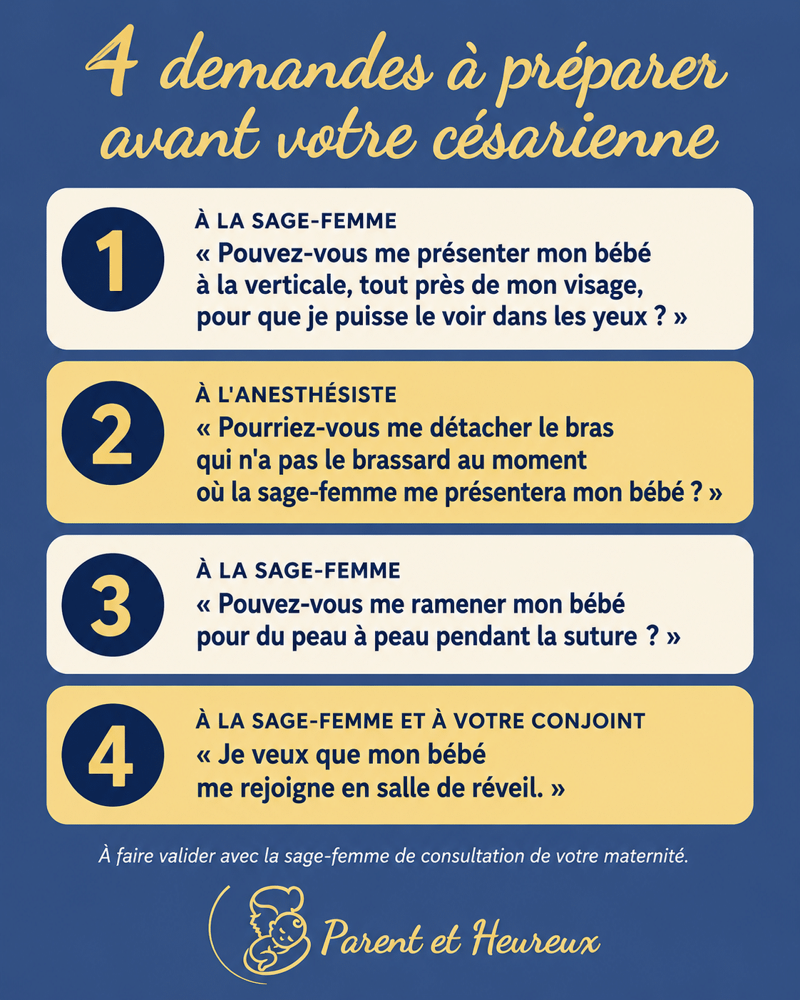 Les quatre demandes à formuler à l'équipe avant une césarienne : présentation du bébé, bras détaché, peau à peau pendant la suture, bébé en salle de réveil