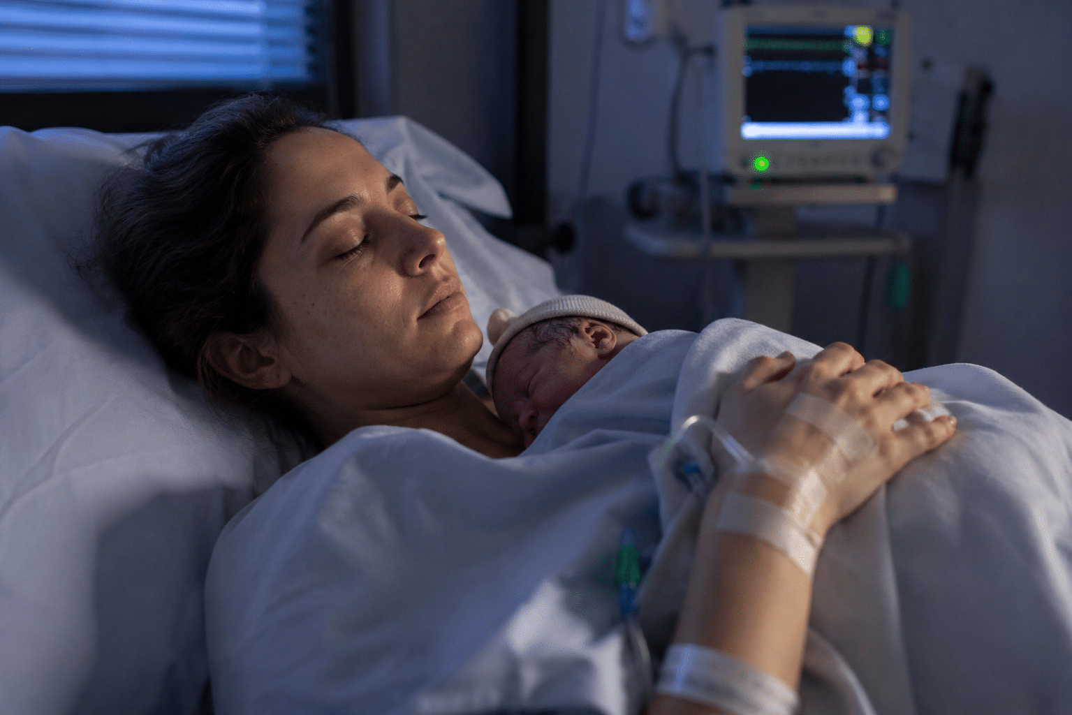 Mère en peau à peau avec son bébé en salle de réveil après une césarienne