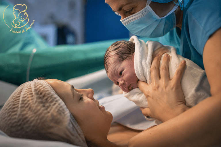 Une sage-femme présente le nouveau-né tout près du visage de sa mère pendant la césarienne