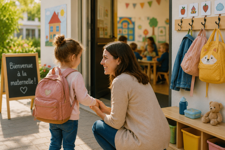 petitre fille qui rentre en maternelle avec sa maman