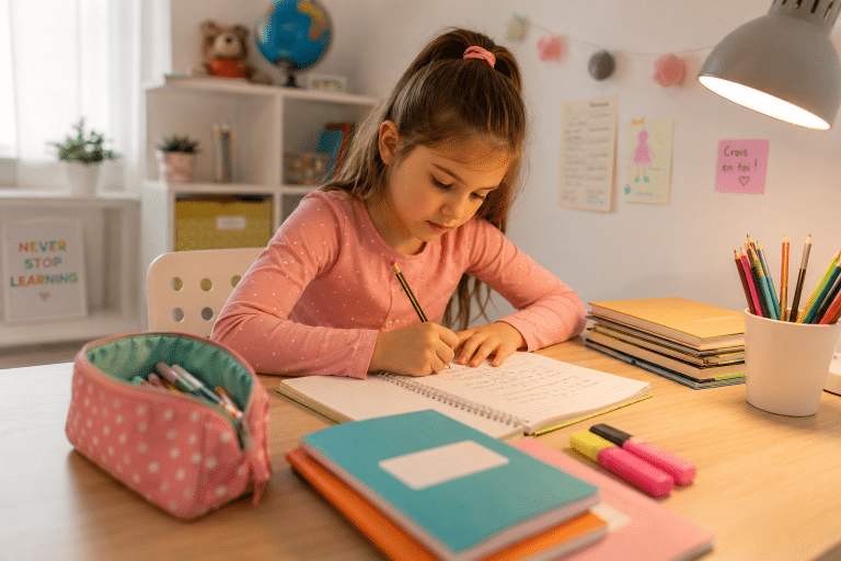 petite fille qui fait ses devoirs