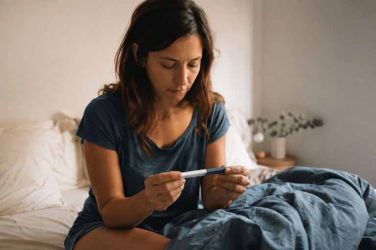 femme qui découvre son test de grossesse positif au premier mois de grossesse