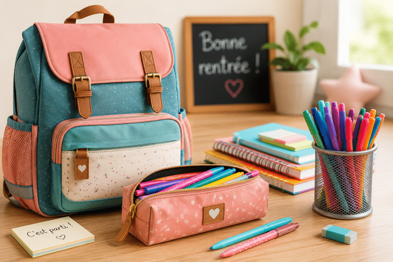 affaires de rentrées scolaire cartable trousse crayons