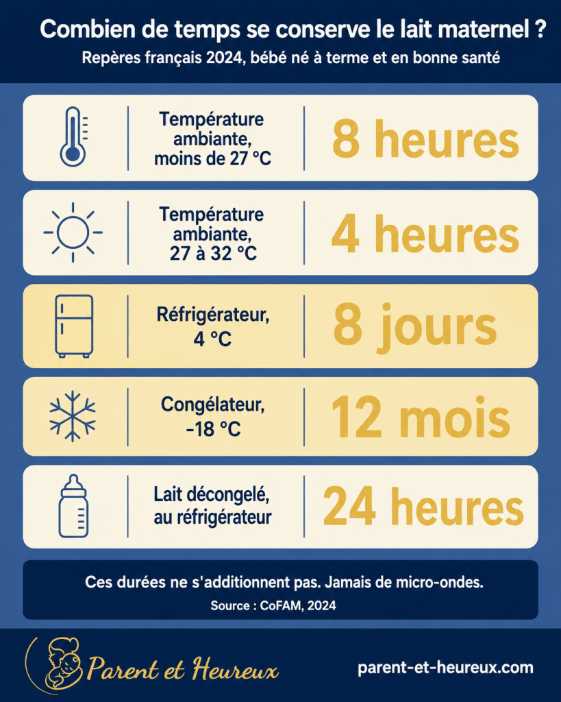 Durées de conservation du lait maternel en 2024 : 8 heures à température ambiante, 8 jours au réfrigérateur, 12 mois au congélateur