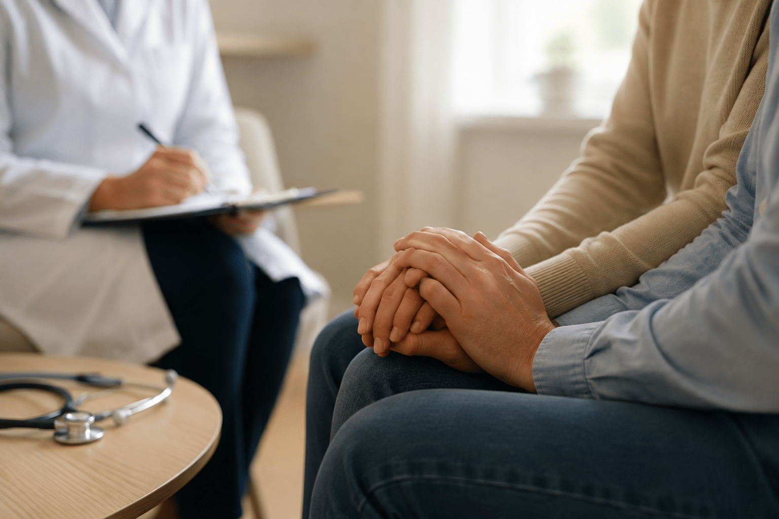 Couple en consultation dans un centre d'AMP avant de commencer une FIV, mains jointes