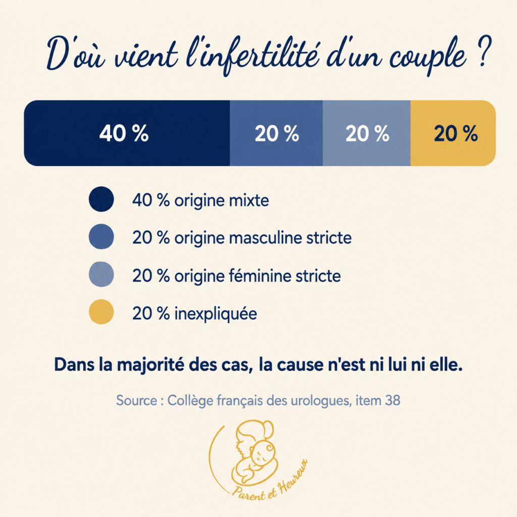 Répartition des causes d'infertilité du couple : 40 % d'origine mixte, 20 % masculine stricte, 20 % féminine stricte et 20 % inexpliquée