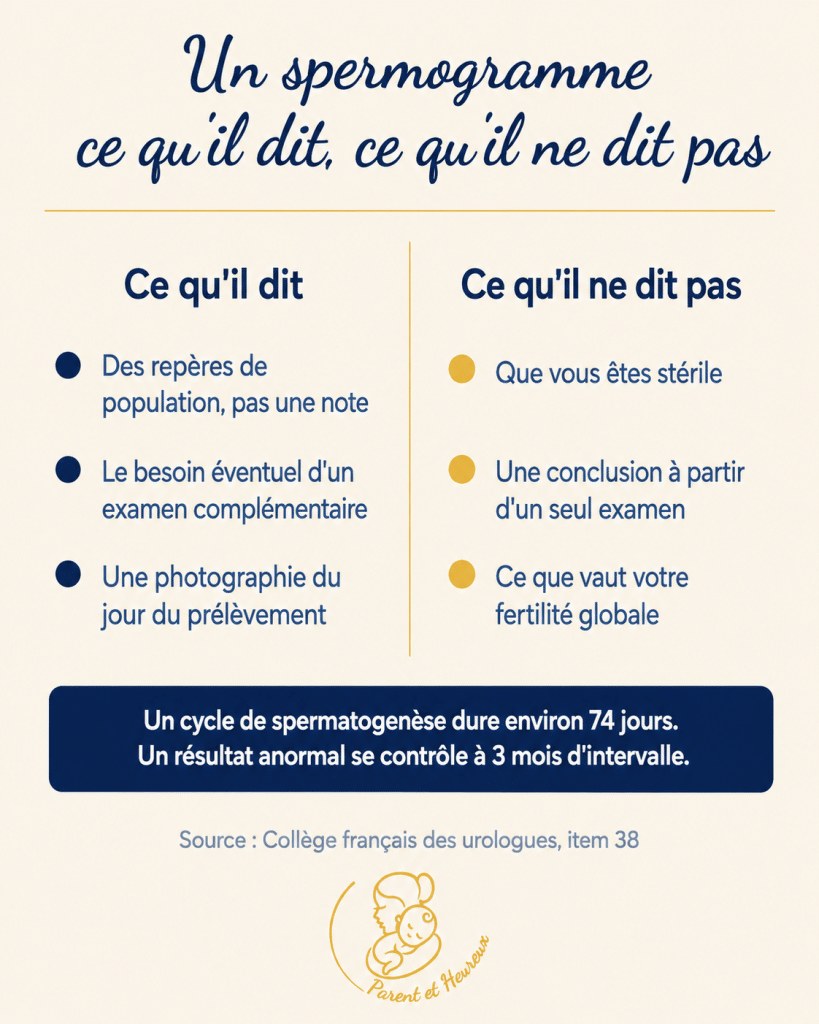 Ce qu'un spermogramme dit et ce qu'il ne dit pas : un cycle de spermatogenèse dure environ 74 jours et un résultat anormal se contrôle à 3 mois d'intervalle
