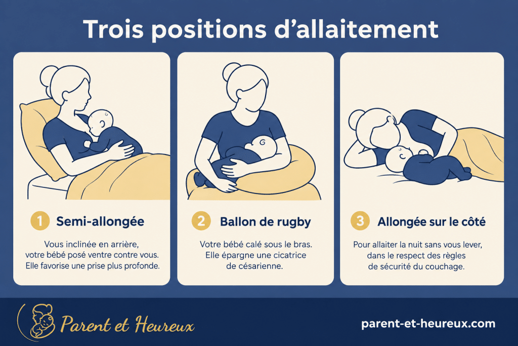 Trois positions d'allaitement : semi-allongée, ballon de rugby et allongée sur le côté