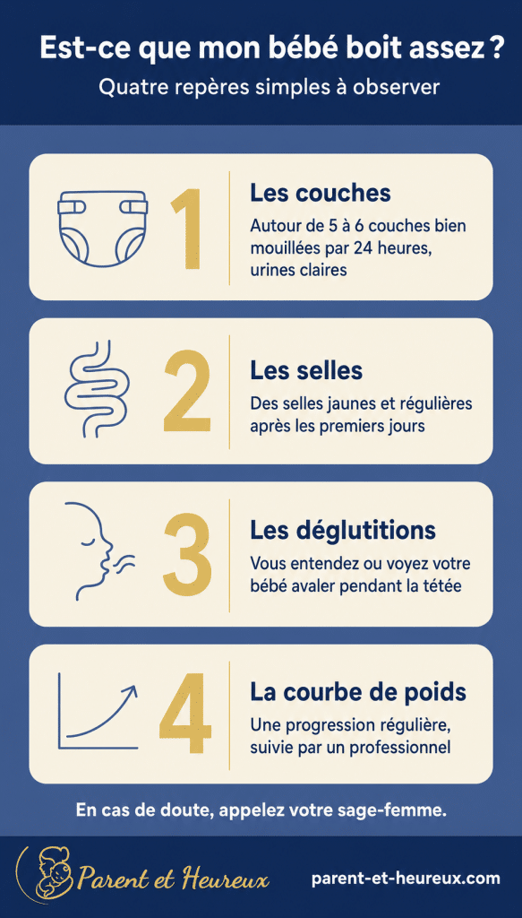 Les quatre repères pour savoir si un bébé boit assez : couches mouillées, selles, déglutitions pendant la tétée et courbe de poids