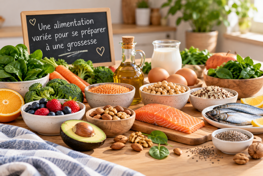 Préparation d’un repas varié avec des lentilles, des légumes verts, des œufs et des noix dans le cadre d’un projet de grossesse