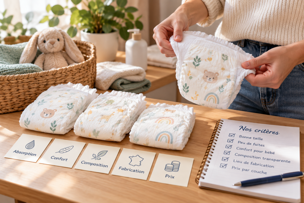 Parent comparant plusieurs couches pour bébé selon la taille, l’absorption, le confort, la composition, la fabrication et le prix.