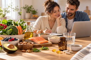 Un couple prépare un repas varié avec des légumes, des légumineuses, des œufs et des noix dans une cuisine lumineuse