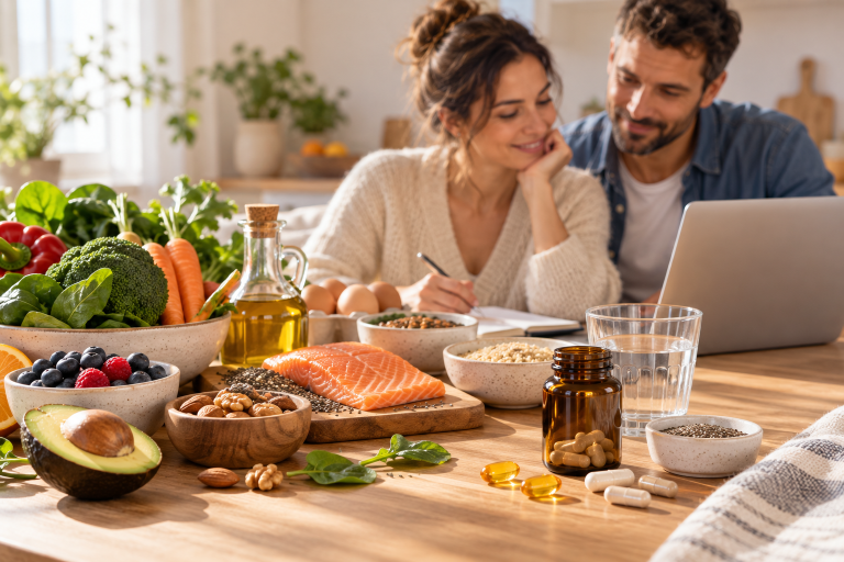 Un couple prépare un repas varié avec des légumes, des légumineuses, des œufs et des noix dans une cuisine lumineuse