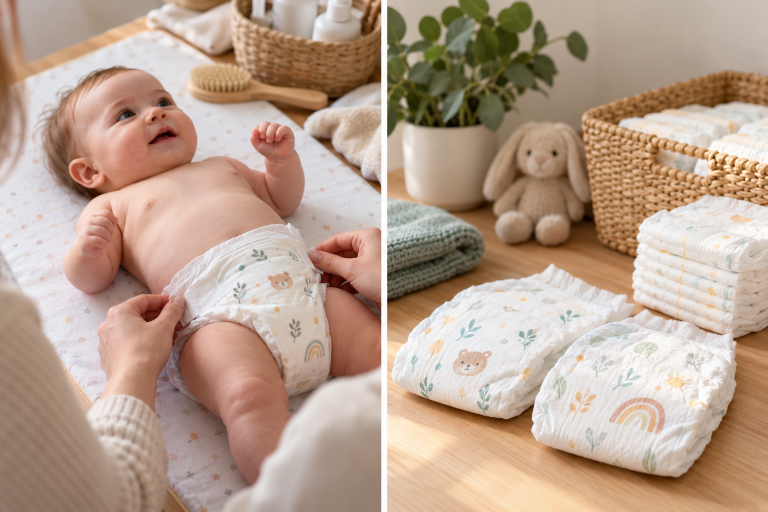 Bébé portant une couche sur une table à langer, avec plusieurs couches jetables disposées à côté pour illustrer comment choisir une couche pour bébé.